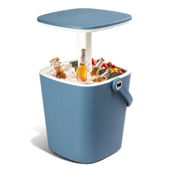 IVV 3-in-1 Cooler Table, 4 Gallon Cooler Side Table with Portable Handle, Bottle Opener & Lift Top Lid, Outdoor Patio Bar Small Ice Cooler Cocktail Table for Camping, Picnic, Party (Blue)