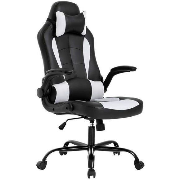 BestOffice PC Gaming Chair, Ergonomic High Back Office, Lumbar Support, Flip-Up Arms, Headrest, PU Leather, BlackWhite, White