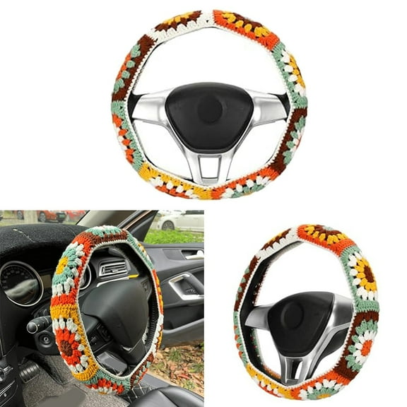 Cute Crochet Steering Wheel Covers Boho for Women Sunflower Car Interior