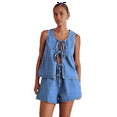 thumbnail image 3 of Women Tie Front Top 2 Piece Outfit Denim Set Sleeveless Deep V Neck Vest Jean Elastic Waist Shorts Sets Light Blue M, 3 of 7