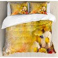 thumbnail image 1 of Yellow Flower King Size Duvet Cover Set, Oil Painting Style Bouquet of Rose Daisy Gerbera Flowers Grunge Display, Decorative 3 Piece Bedding Set with 2 Pillow Shams, Mustard Orange, by Ambesonne, 1 of 3