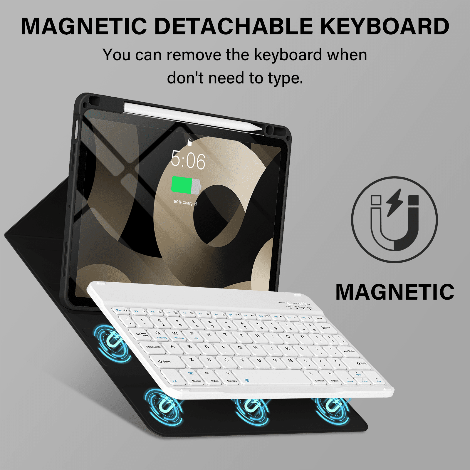 Kenke Keyboard Case iPad Air 11 Inch M3/M2 (2025/2024), iPad Air 5/4th Gen (2022/2020) 10.9 Inch, Detachable Bluetooth Keyboard Rechargeable with Right Side Pencil Holder & Groove, Balck