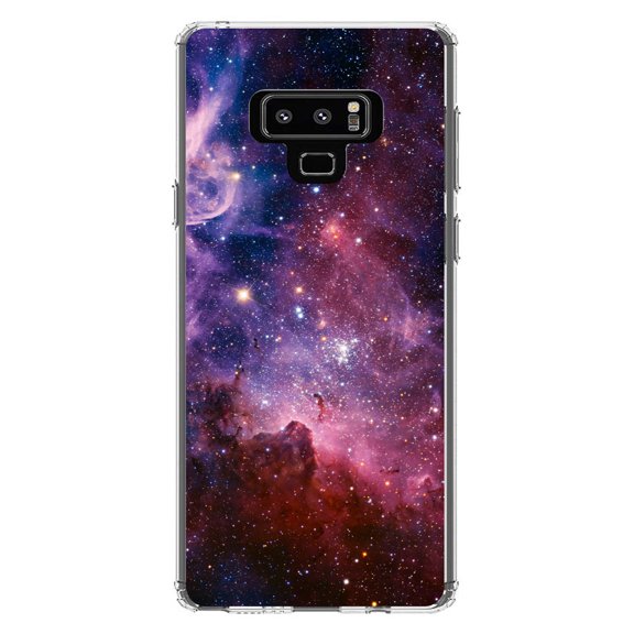 DistinctInk Clear Shockproof Hybrid Case for Samsung Galaxy Note 9 - TPU Bumper, Acrylic Back, Tempered Glass Screen Protector - Purple Pink Carina Nebula - Astronomy