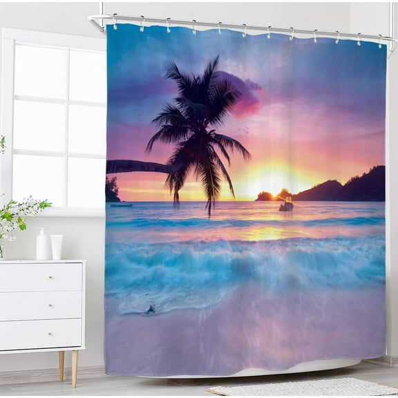 Beach Shower Curtain Ocean Sunrise Tropical Palm Tree Hawaiian Sunset Costal Scenery Sea Waves Summer Bathroom Home Decor Set Waterproof Polyester 72WX72H Inch 12 Pack Plastic Hooks WW-IHTB
