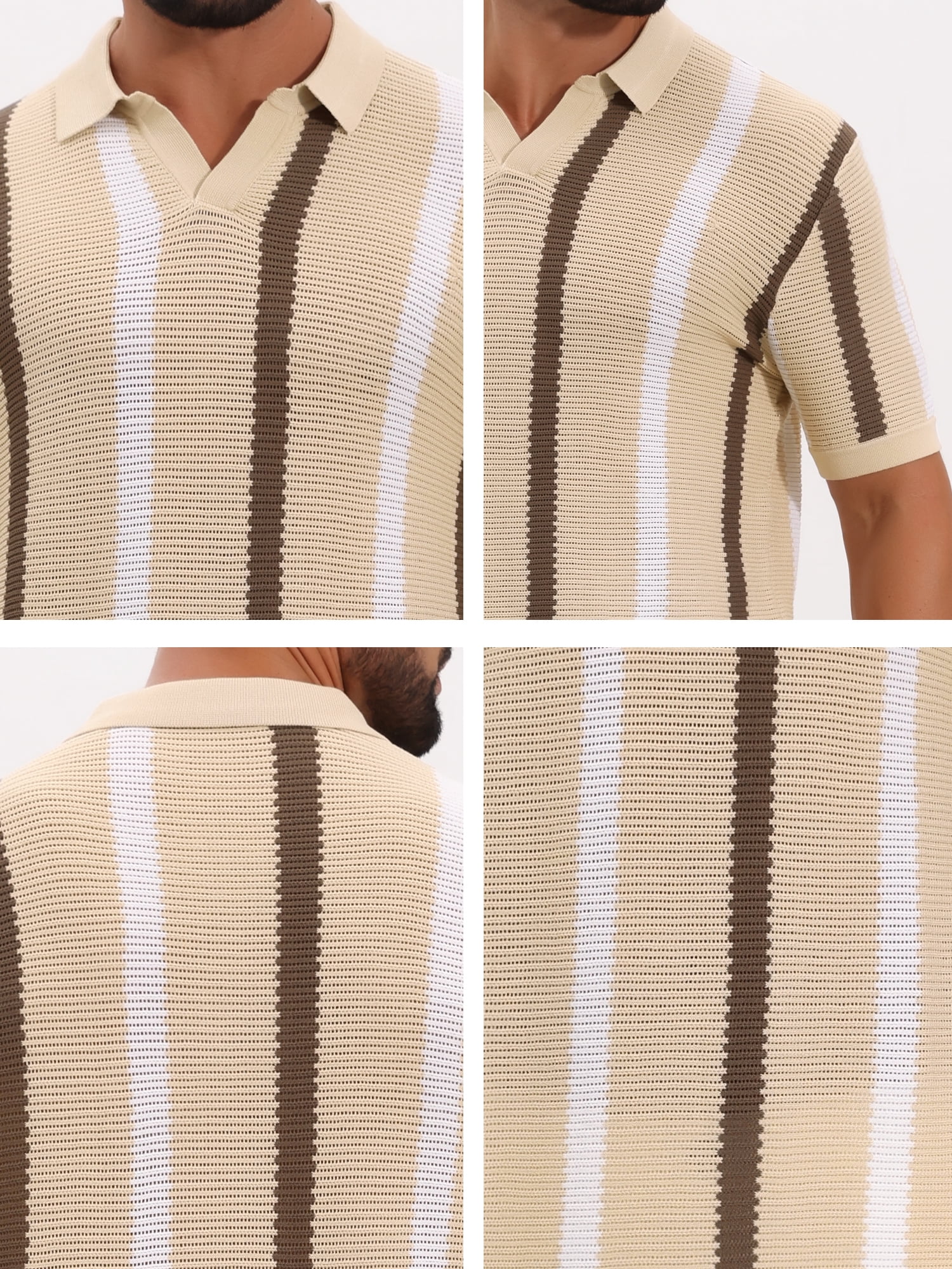 DARING DIVA Men's Hollow Knit Polo Shirt V Neck Short Sleeve Golf Polo Shirts S Khaki