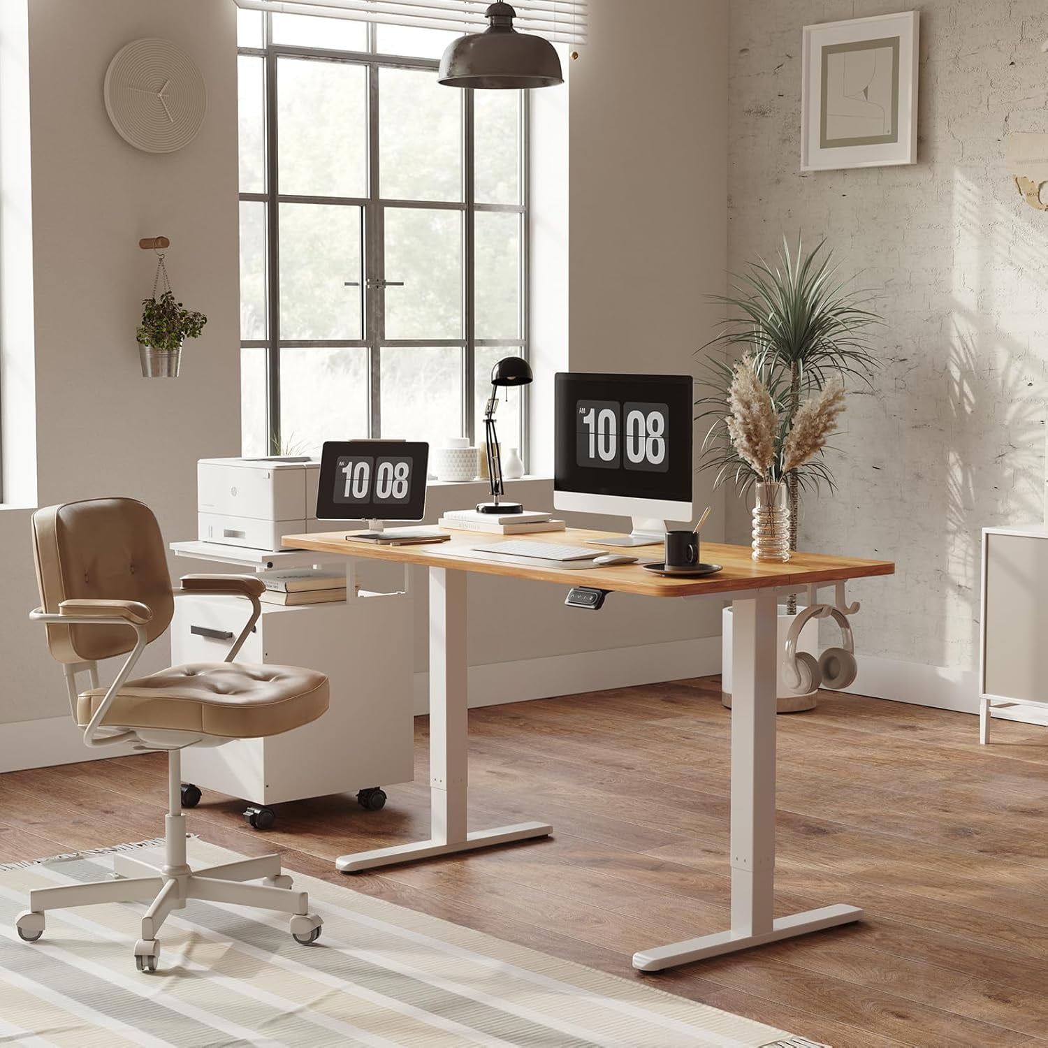 FEZIBO Electric Standing Desk Adjustable Height, 40 x 24 Inch Sit and Stand Desk, Home Office Desk, Ergonomic Workstation Computer Desk, Light Rustic