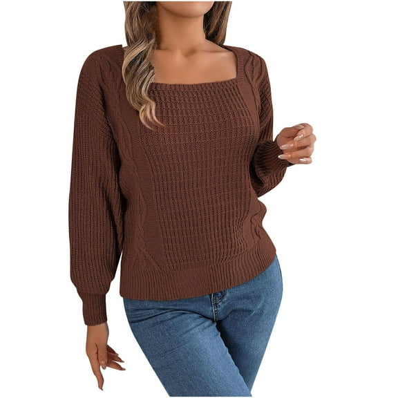 STETMN Square Neck Knit Top for Women Loose Long Sleeve Sweater Elegant Cozy Knitwear Shirt
