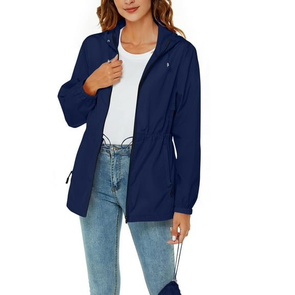 Womens Packable Lightweight Jackets Outdoor Hiking Zipper Waterproof Jackets Hooded Tunic Fall Outwear Raincoat Navy, 2XL
