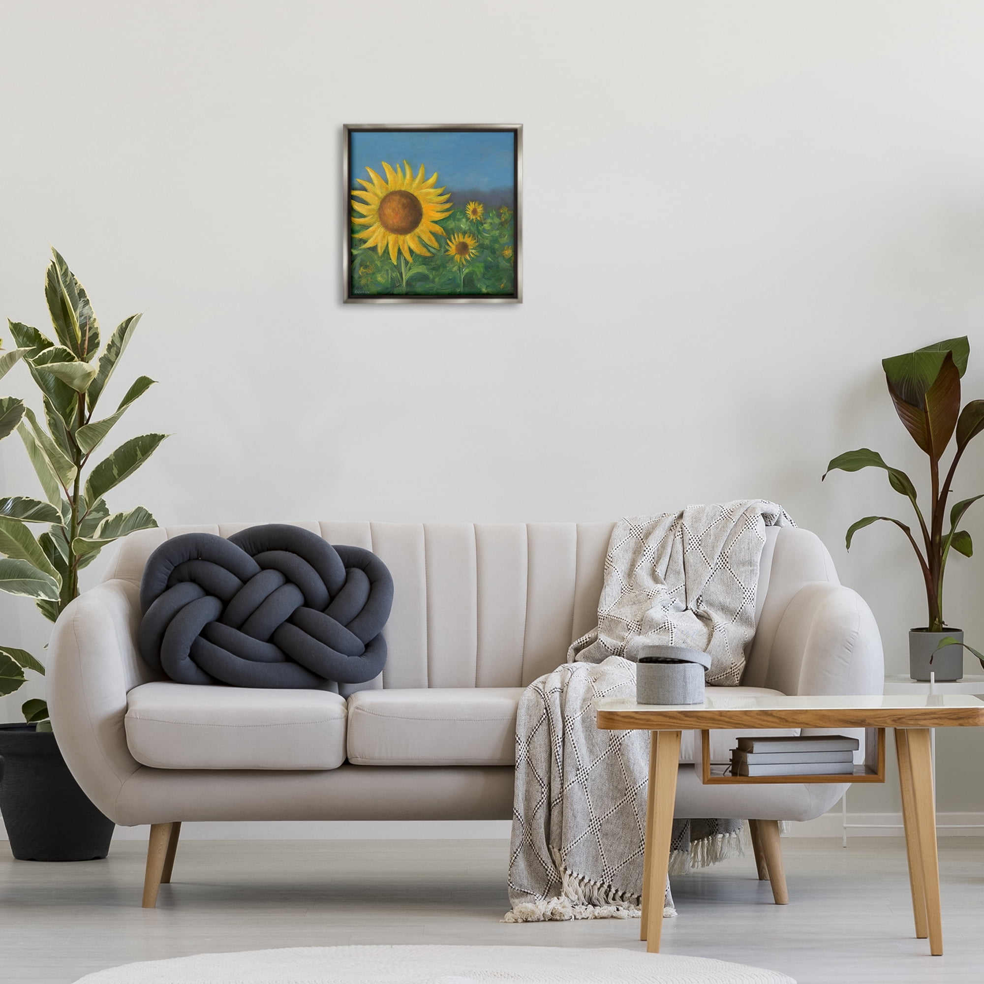Stupell Industries Mellow Sunflower Garden Botanical & Floral Painting Gray Floater Framed Art Print Wall Art, 18 x 18