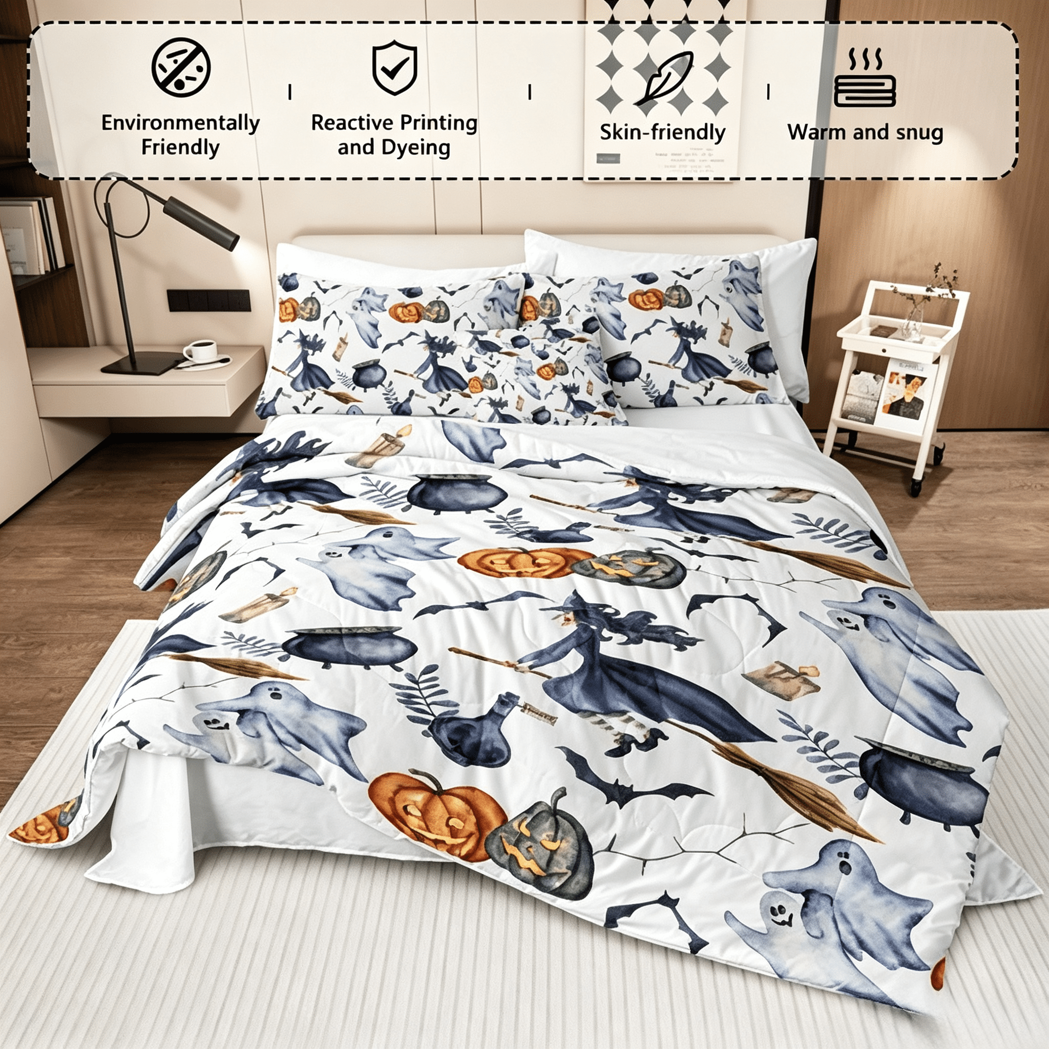 8-Piece Halloween Comforter Set Witch Pattern Bed-in-a-Bag with Sheet Shams Cushion Covers