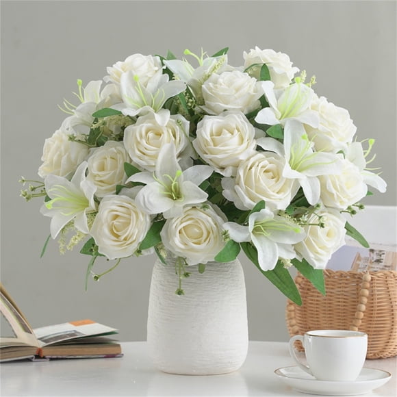 Artificial Flowers for Home Decoration - Wedding & Party Handheld Floral Arrangement, Vibrant Real-Like Wall Decor, White, JKODE