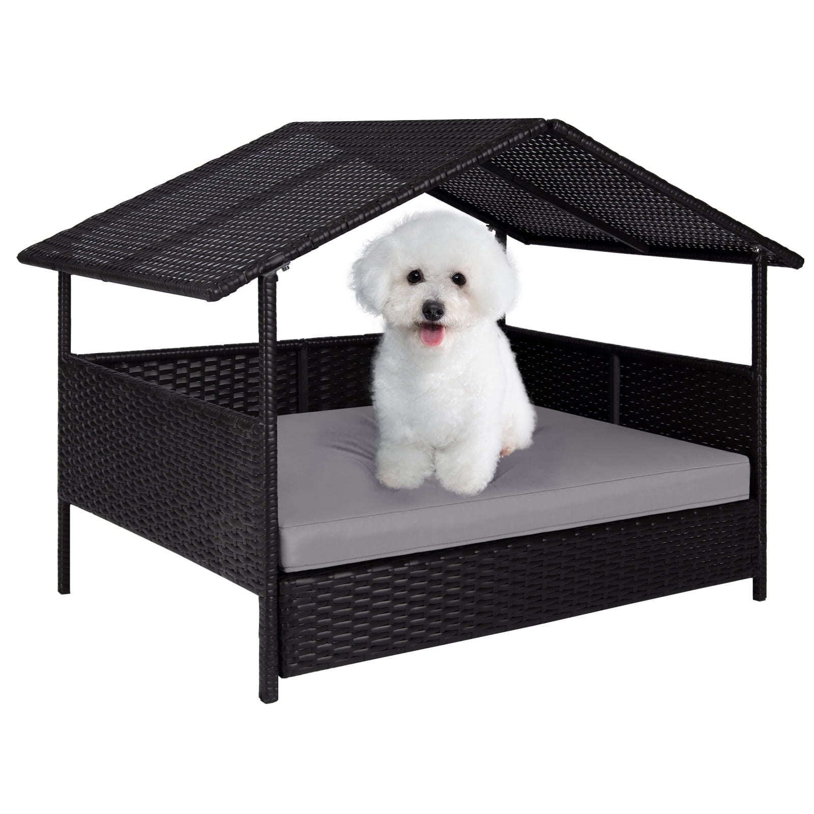 Wicker Dog Pet House Shade Canopy Rattan Sofa Bed for Indoor/Outdoor