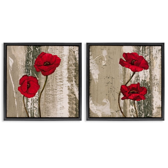 Stupell Industries Bright Red Blooms on Rustic Landscape & Nature Painting Black Floater Framed Canvas Art Print Wall Art, 18 x 18, Set of 2