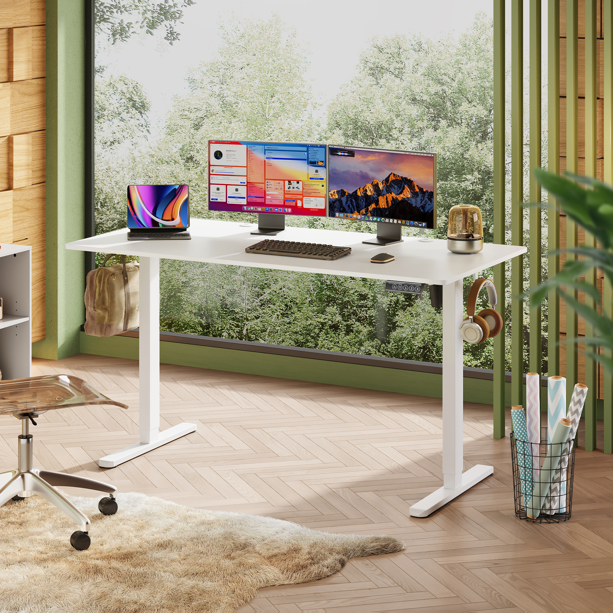 GALAXHERO Electric Adjustable Standing Desk with Memory Settings and Whole Piece Top, Computer Desk for Home Office, 55" x 28", White