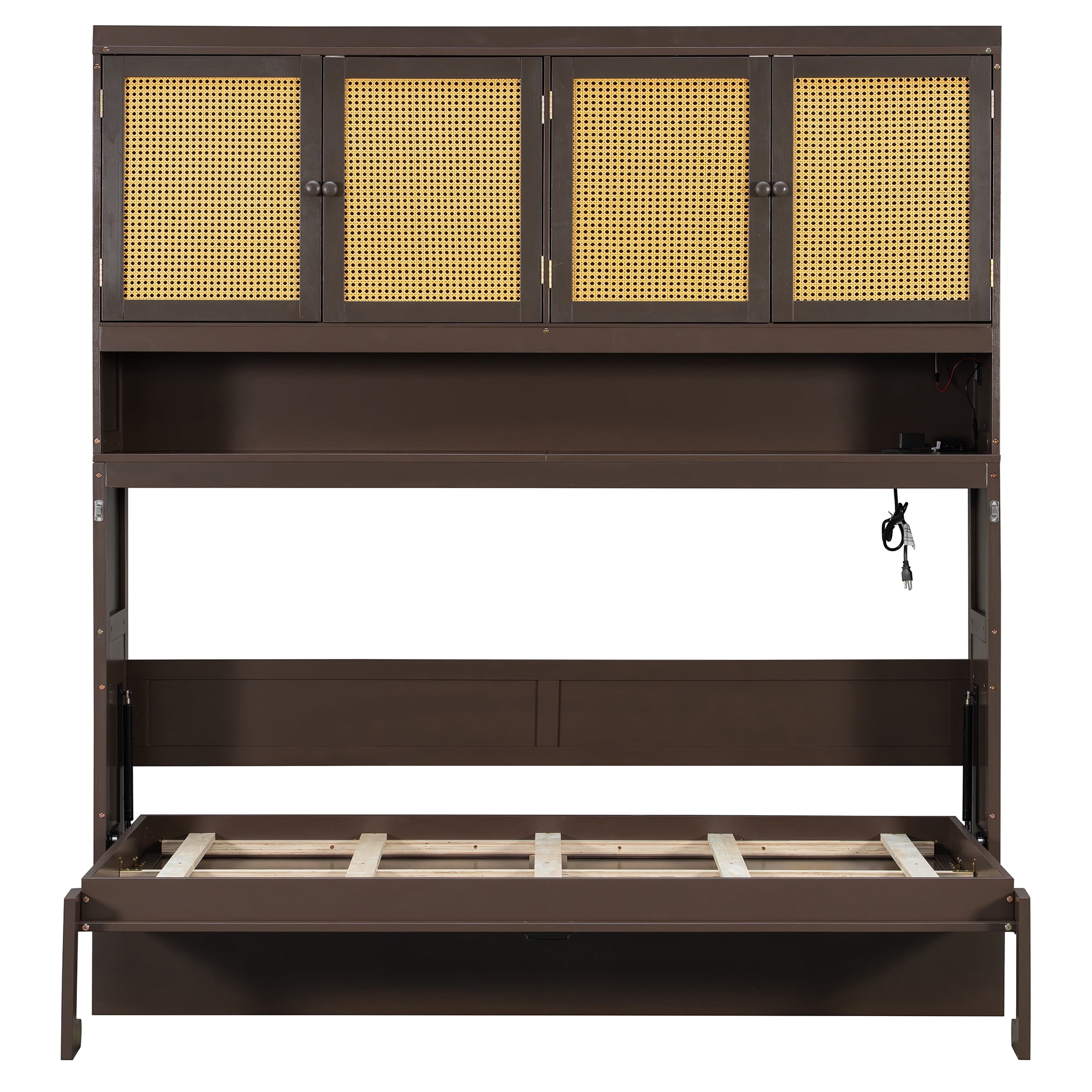 Mintazer Twin Murphy Bed with Rattan Cabinet & Desk, Wall Foldable Bed with Charge Station & LED Lighting for Bedroom Guest Room, Espresso