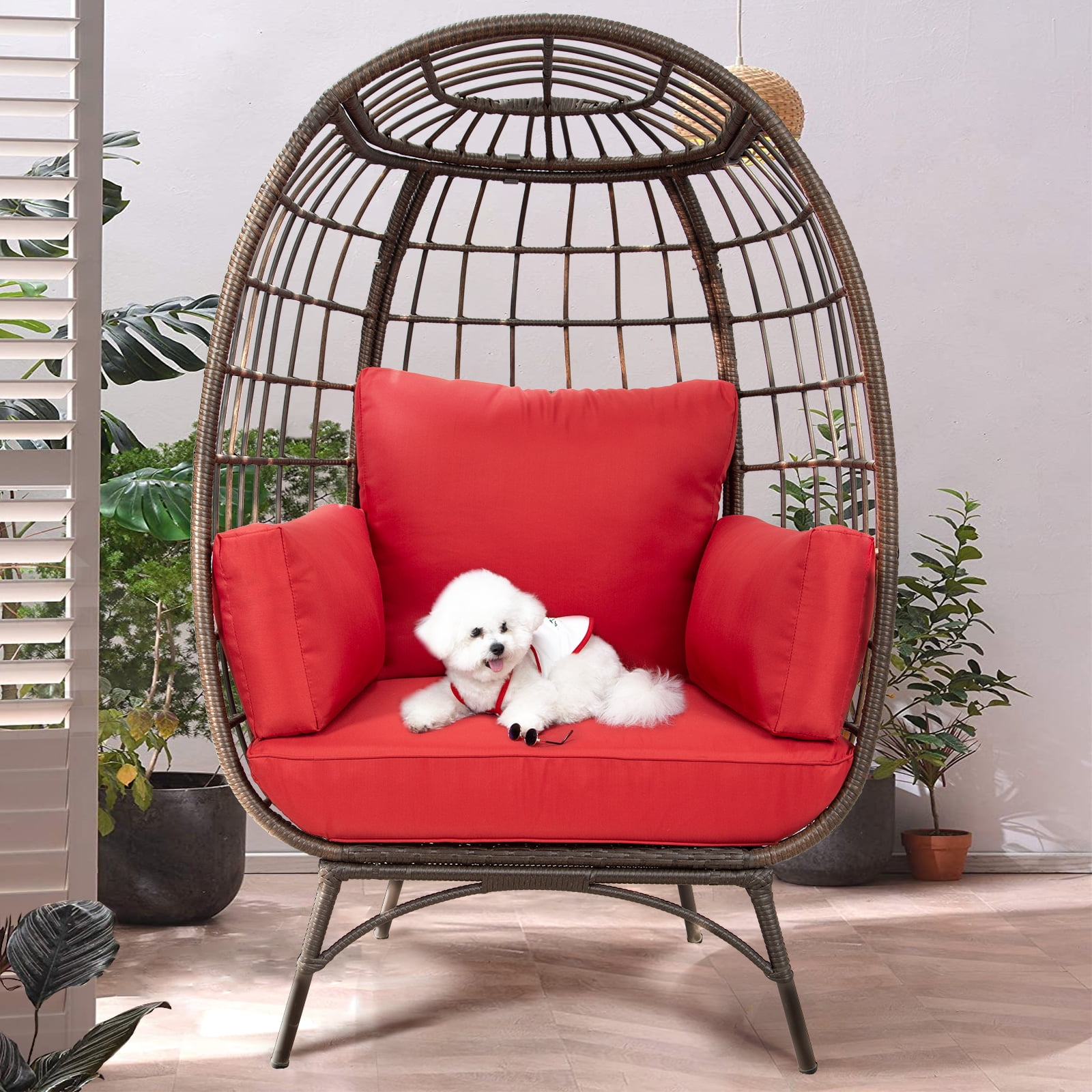 MeetLeisure Patio Brown Wicker Indoor/Outdoor Egg Lounge Chair with Red