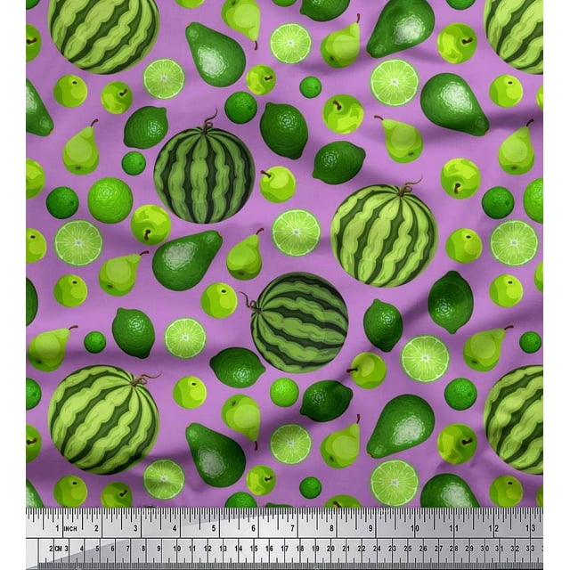 Soimoi Polyester Crepe Fabric Pear,Lemon & Watermelon Fruits Print Fabric by The Yard 52 Inch Wide