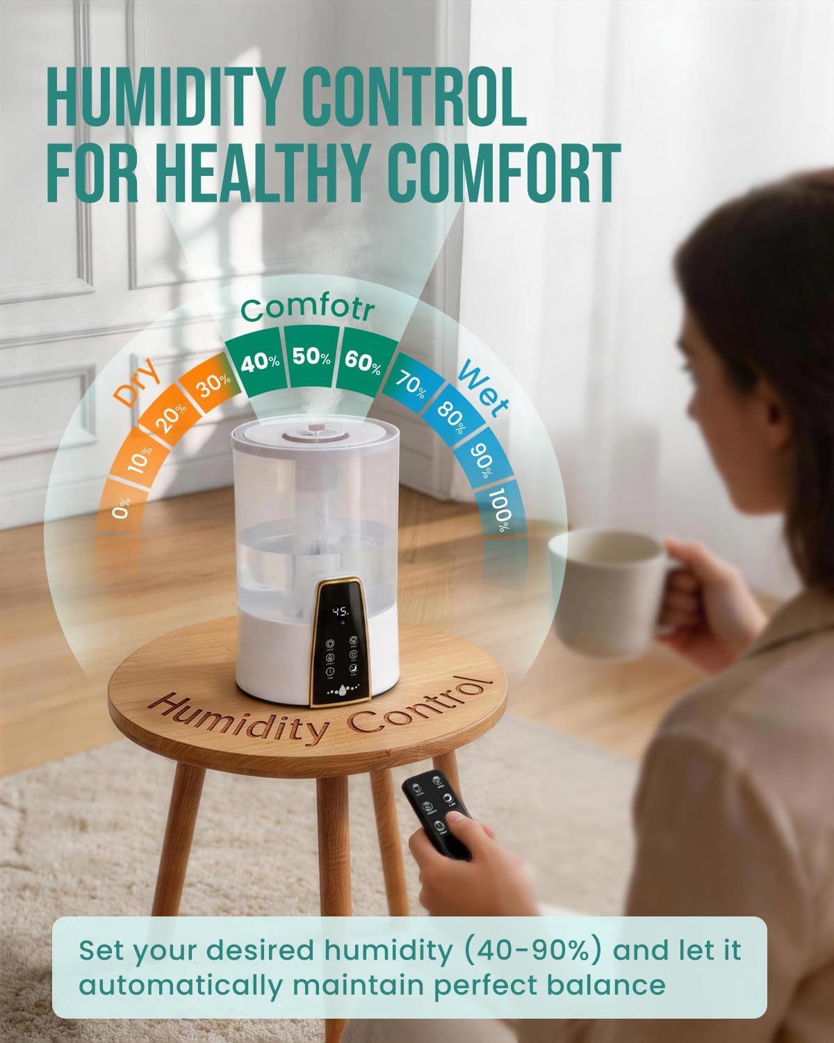 Humidifiers for Bedroom,1.06Gal(4L) Dishwasher Safe Design Easy to Clean,Top Fill,Night Light,Aroma Diffuser,Humidity Control,12H Timer,Sleep Mode,3 Level Mist, Home,Nursery, White