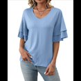 thumbnail image 2 of Tops Elegantes de Cuello en V para Mujer, de Doble Capa, con Mangas Acampanadas y Volantes de 3/4, Color Azul , Talla XXL, 2 of 8