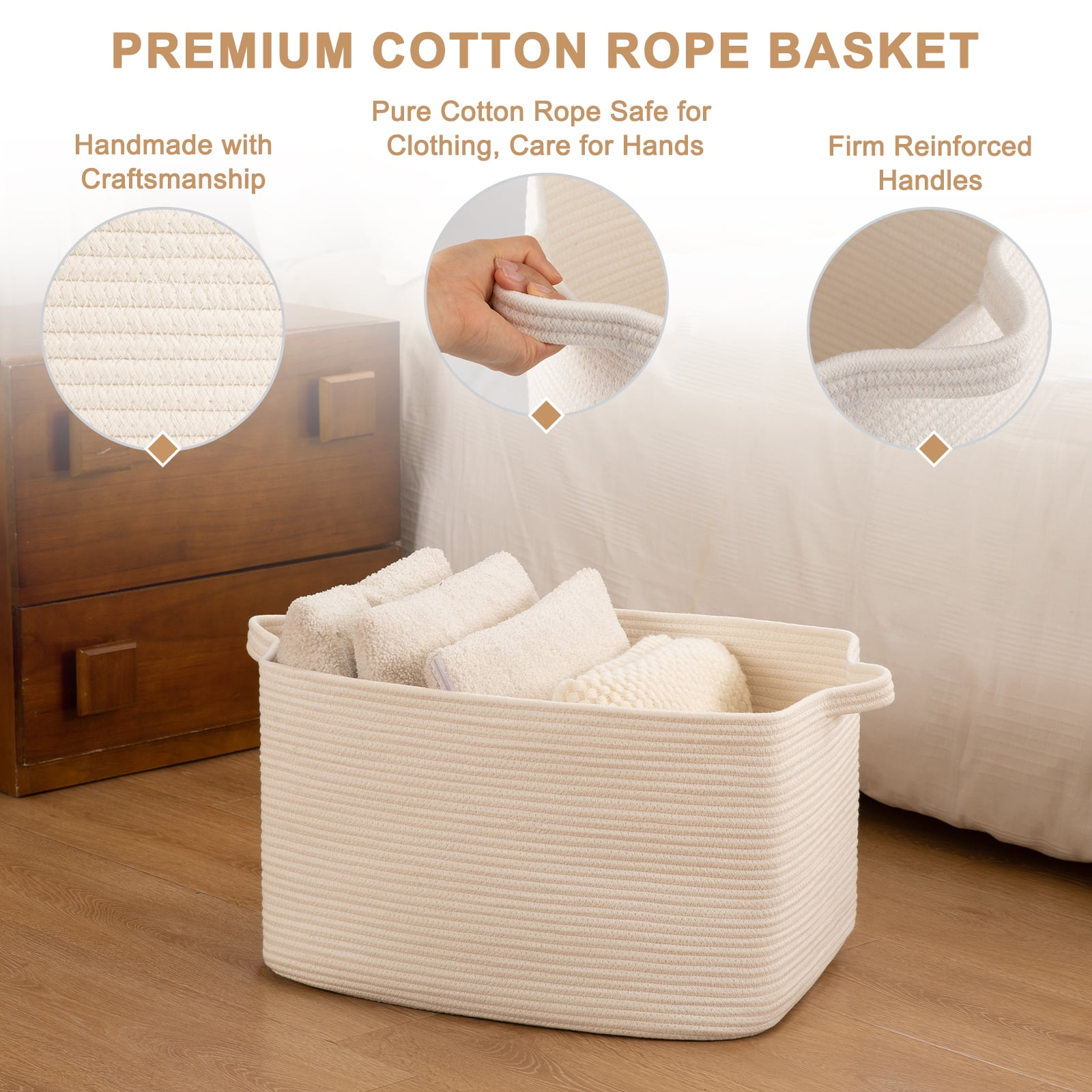 CHERISHGARD Blanket Basket 90L Rectangle Rope Baskets for Storage, Cotton Rope Basket for Bedroom Livingroom Washingroom
