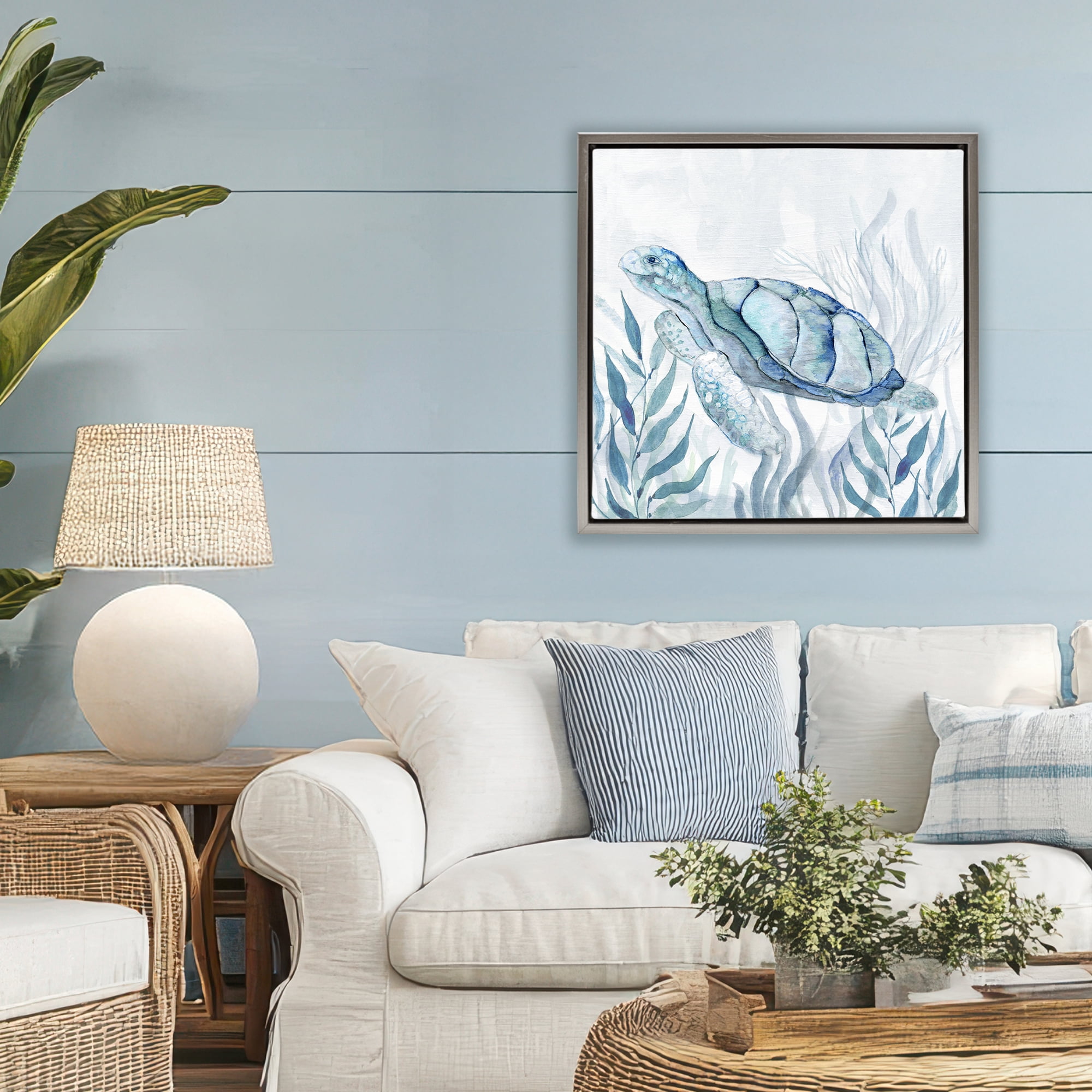 Stupell Industries Sea Turtle with Subtle Smile Gray Framed Floater Canvas Wall Art, design by Janet Tava