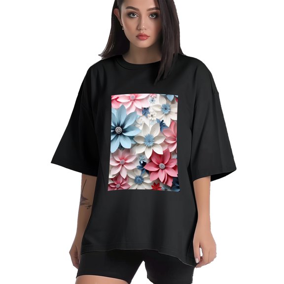 Plus Size Shirt for Women Black Tops for Women Short Sleeves Shirt for Women Flower19 T Shirt Crewneck Shirt for Women XS