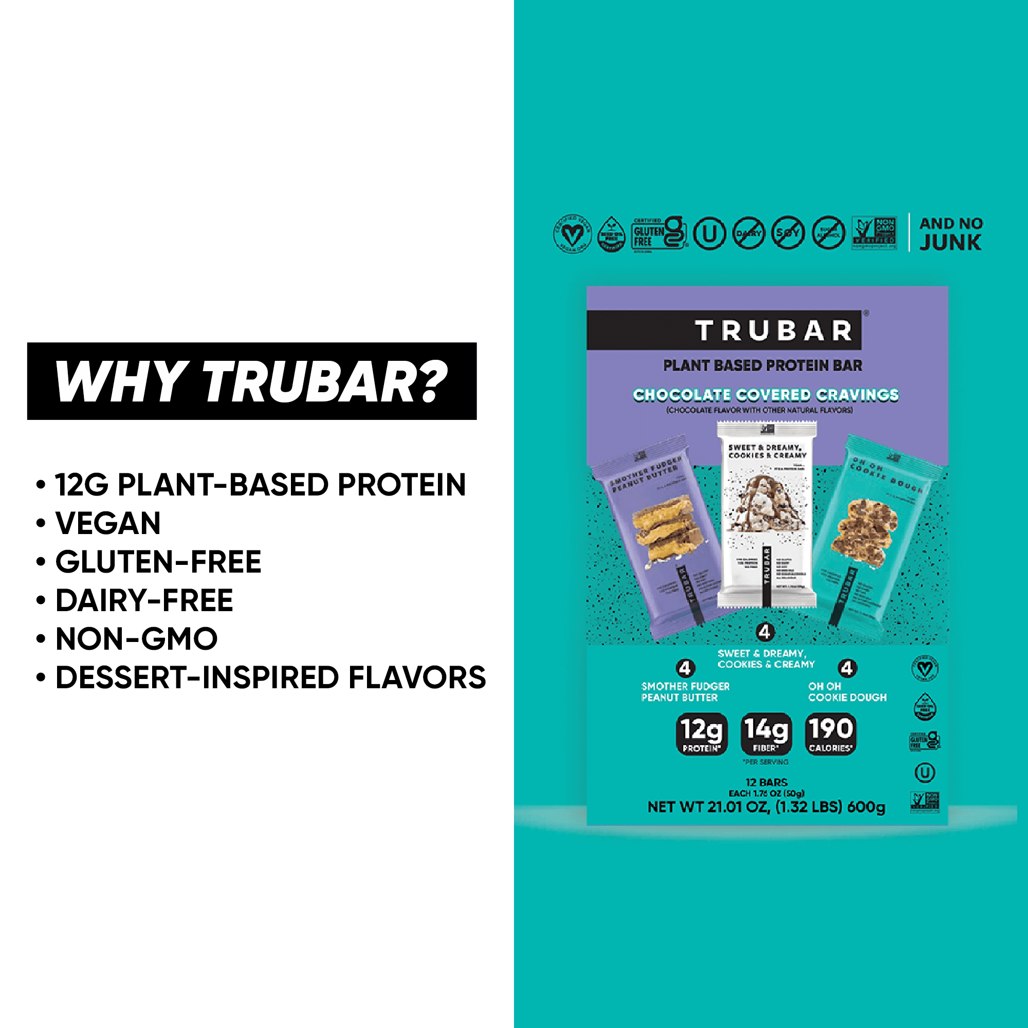 TRUBAR Protein Bar, Chocolate Covered Cravings Variety Pack, Plant Based Protein, Vegan, Gluten Free, Kosher, 12 Count