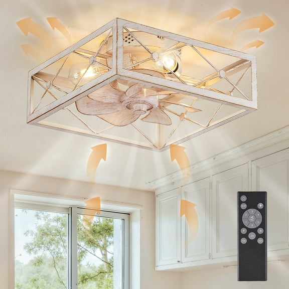 Zardon 16" Caged Ceiling Fan with Light and Remote, Low Profile Flush Mount White, Quiet 6-Speed DC Motor for Bedroom, Kitchen, Living Room Indoor