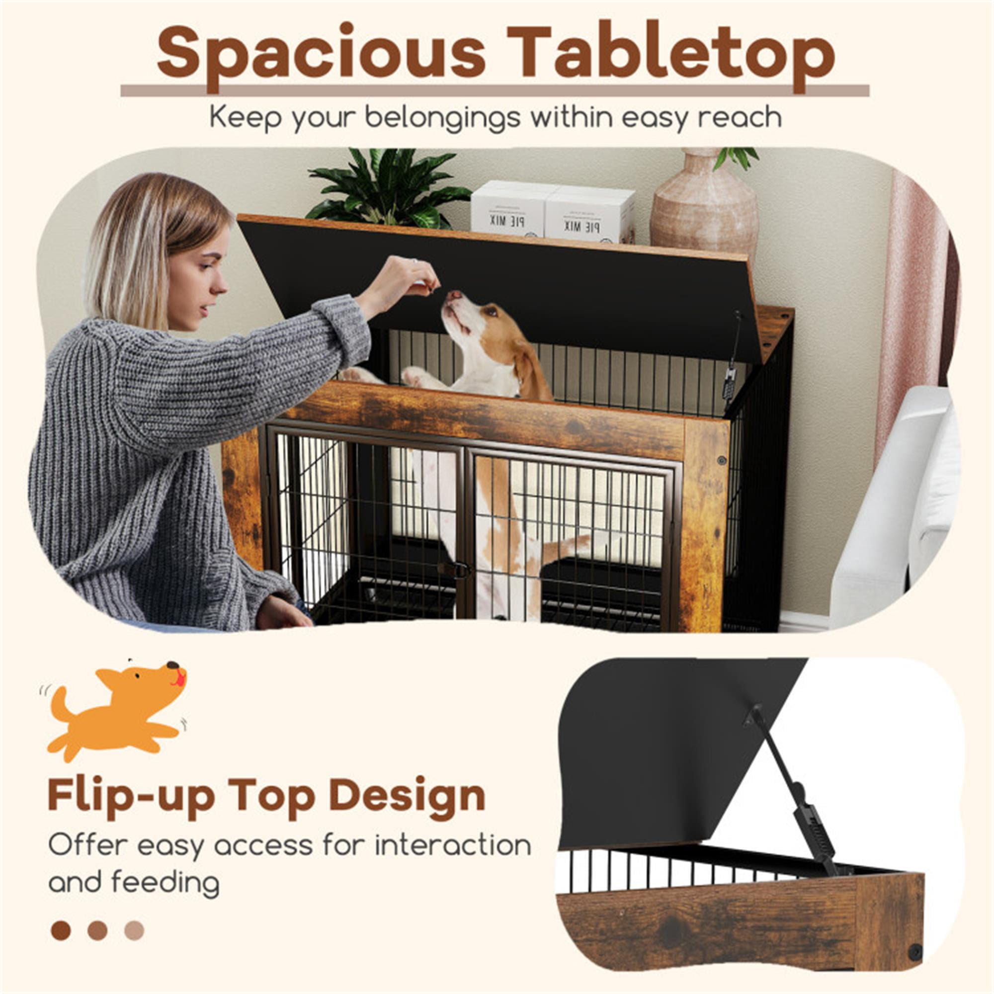 Pefilos 35" Industrial Dog Crate for Indoor Side End Table Dog Cage with Double Doors and Lift Top Heavy-Duty Pet Cages for Dogs Modern Kennel, Brown