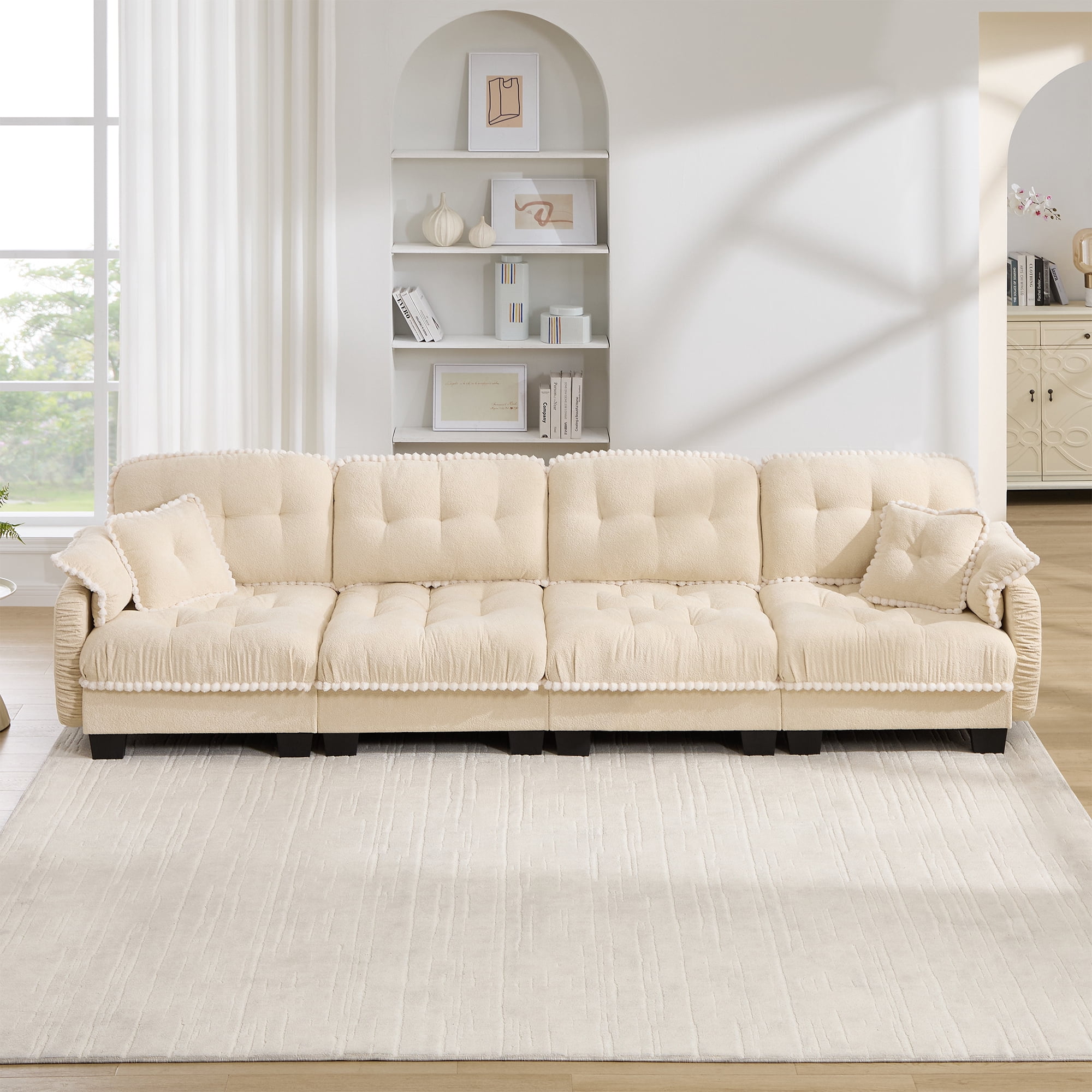Anpport 131" Chenille Cloud 4‑Seater Sofa with 4 Pillows, Pom‑Pom Trim, Quilted Tufted Ergonomic, Easy Assembly Deep Seat for Living Room Apartment, Cream
