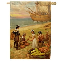 America Forever Fall Thanksgiving House Flag 28 x 40 inch Harvest Pumpkins Mayflower Ship Large Double Sided for Outside, Autumn Harvest Flag for Thanksgiving Outdoor Decors