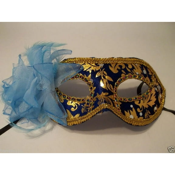 Blue Gold Light Blue Flower Mardi Gras Masquerade Value Mask
