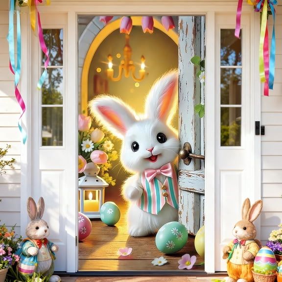 YaoZQ Easter Door Cover Decor, Cute White Bunny Peeking Out with Colorful Eggs, Spring Holiday Front Porch Hanging Banner, Multicolor, 35 x 71 in