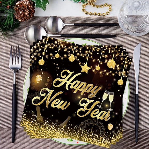 Eespoir 20 Pieces News Year Paper Napkins, Black And Gold Napkins, Disposable Party Napkins, For New Year Eve Celebration Holiday Tableware