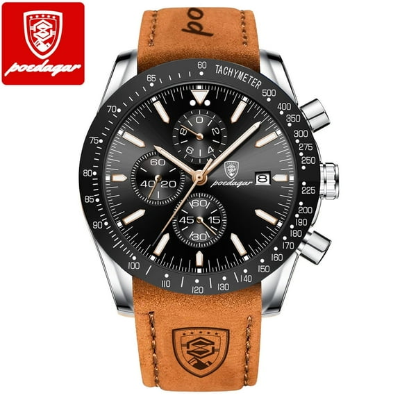 Explojoy Men's Luxury Chronograph Watch – Waterproof Leather Strap, Quartz Movement & Date Display