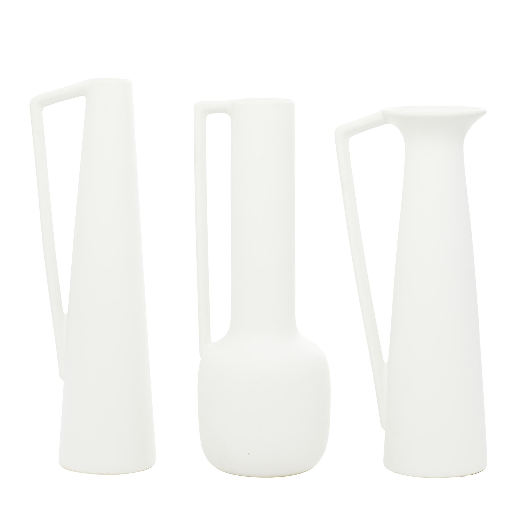 CosmoLiving by Cosmopolitan 17", 16", 16"H White Ceramic Vase with Sleek Handles, Set of 3