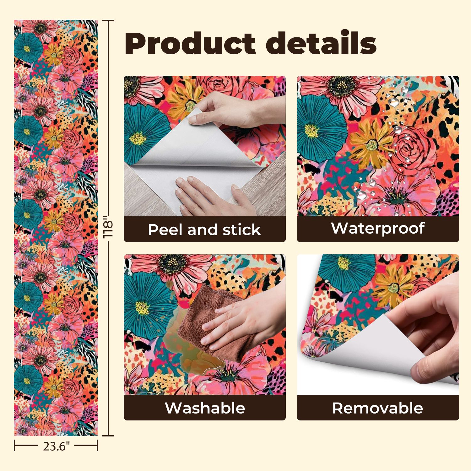 Peel and Stick Wallpaper 23.6in x 9.8ft Colorful Floral Animal Print Seamless Tropical Flowers Contact Paper Vinyl Self-Adhesive Removable Wall Paper for Bedroom Bathroom Renter Friendly
