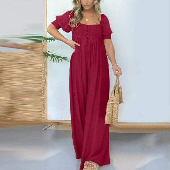 Women Fashion Solid Casual Loose Sleeve Short Sleeve Pleated Long Culottes Pants Jumpsuit Women Harem Jumpsuit for Women Romper Women Pocket Cyan Jumpsuit Junior Body Suit Womens Fall Jumpsuit Romper