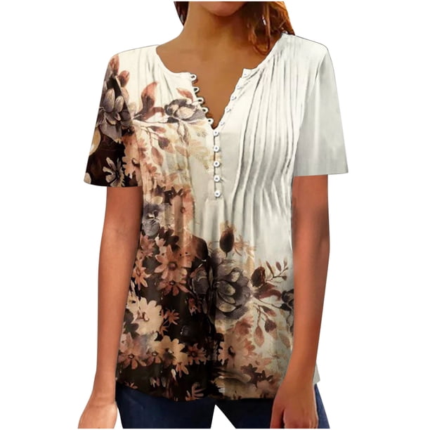 Gibobby Playeras Mujer Camisetas Cuello V Mujeres verano impresión moda Sexy botón Cardigan manga corta camisa cuello Casual túnica ajustada ropa Tops(Beige,M)