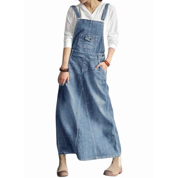 sicmoss Women's Blue Distressed Denim Overall Dress Vintage A-Line Pinafore with Adjustable Straps