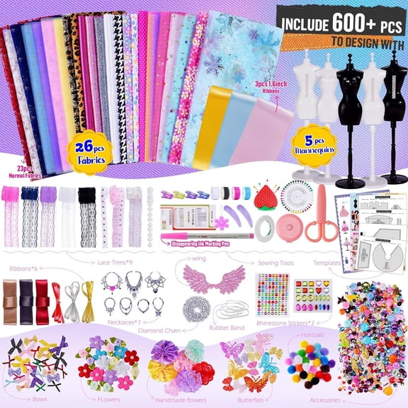 Fashion Design Kit for Girls, DIY Sewing Craft Kit with Mannequins, Fabrics & Accessories, Create Stylish Outfits, Perfect Gift for Kids Ages 6 To Learn Sewing & Boost Creativity