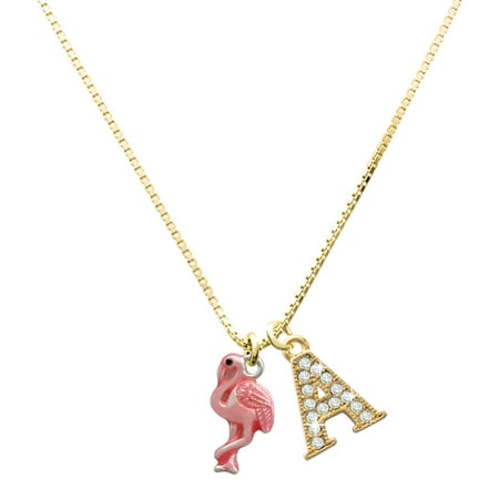 Delight Jewelry Silver-tone Hot Pink Flamingo - Large Goldtone Crystal Initial - A - Charm Necklace, 17.5"+2"