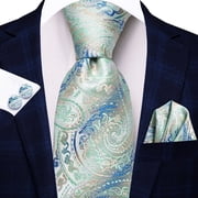 Hi-Tie Mint Green Paisley Silk Paisley Ties for Men Necktie Pocket Square Cufflinks Set Foral Tie Sets Formal Business