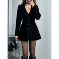 thumbnail image 6 of Women'S Sweater Dress Button V-Neck Long Sleeve Knit A-Line Mini Dress Black L, 6 of 9