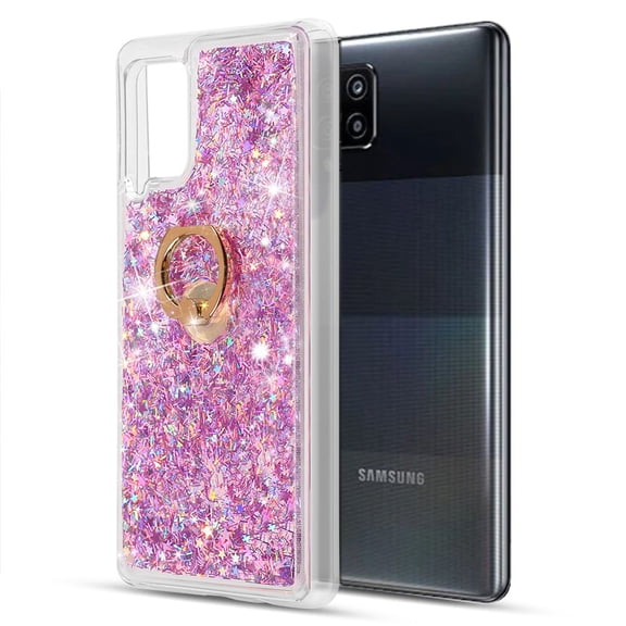 Bemz Waterfall Case for Samsung Galaxy A42 5G (Flowing Liquid Glitter Ring Kickstand Holder Protection Cover) with Touch Tool - Pink & Purple
