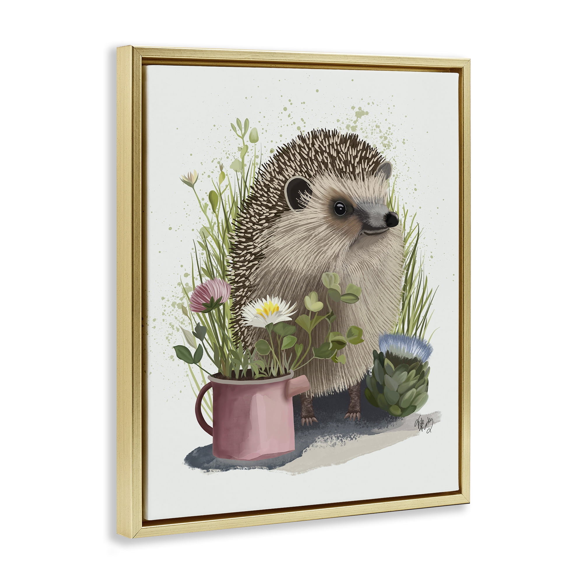 Stupell Industries Hedgehog with Garden Plants Animals & Insects Painting Gold Floater Framed Canvas Art Print Wall Art, 25 x 31