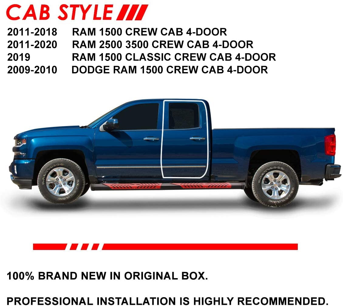 DNA Motoring 5.5" Side Step Nerf Bars Running Boards for 2009-2022 Dodge Ram Crew Cab, Black / Red