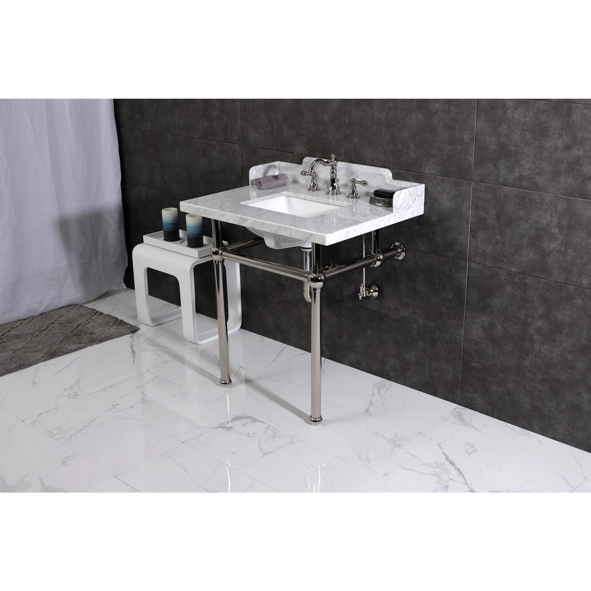 Kingston Brass LMS3030MBSQ6 Pemberton 30" Carrara Marble Console Sink with Brass Legs (8-Inch, 3-Hole), Carrara Marble White/Polished Nickel