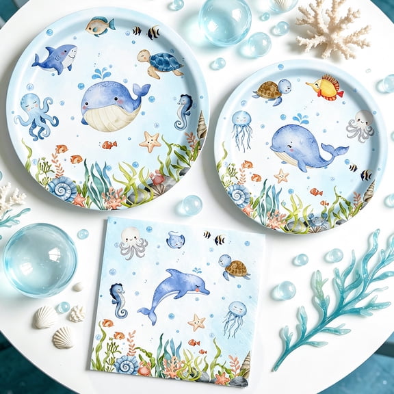 Ocean Theme Party Supplies - Watercolor Sea Creature Design Disposable Tableware Set