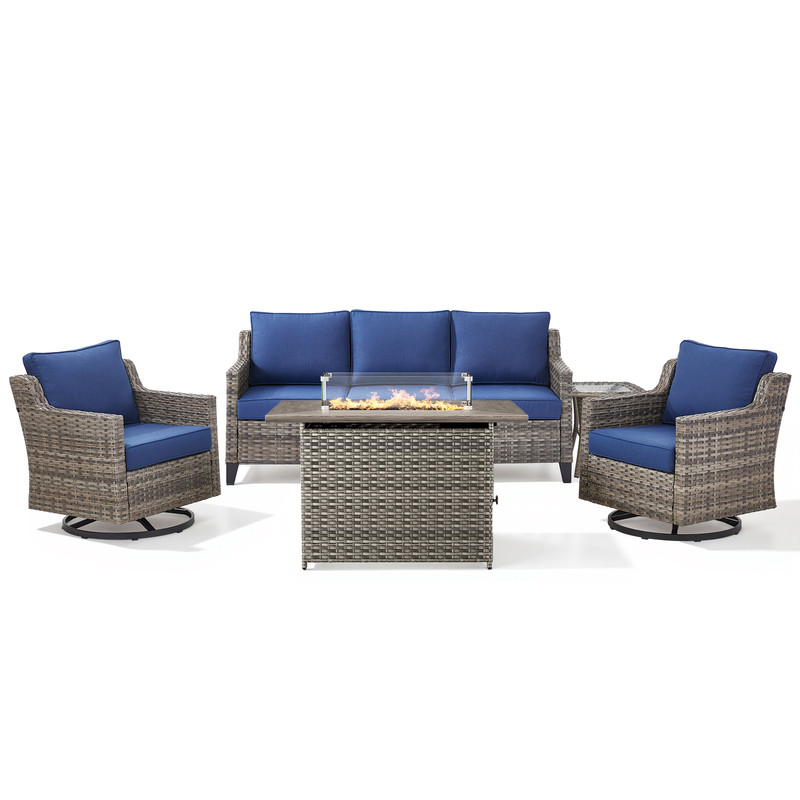 PARKWELL 5 Piece Outdoor Patio Furniture Set with Fire Pit Table,All-Weather Conversation Set with Luxury 4-Inch Thick Cushions,Swivel Glider Chair,5-Seat Furniture Sets for Deck, Backyard,Gray/Navy